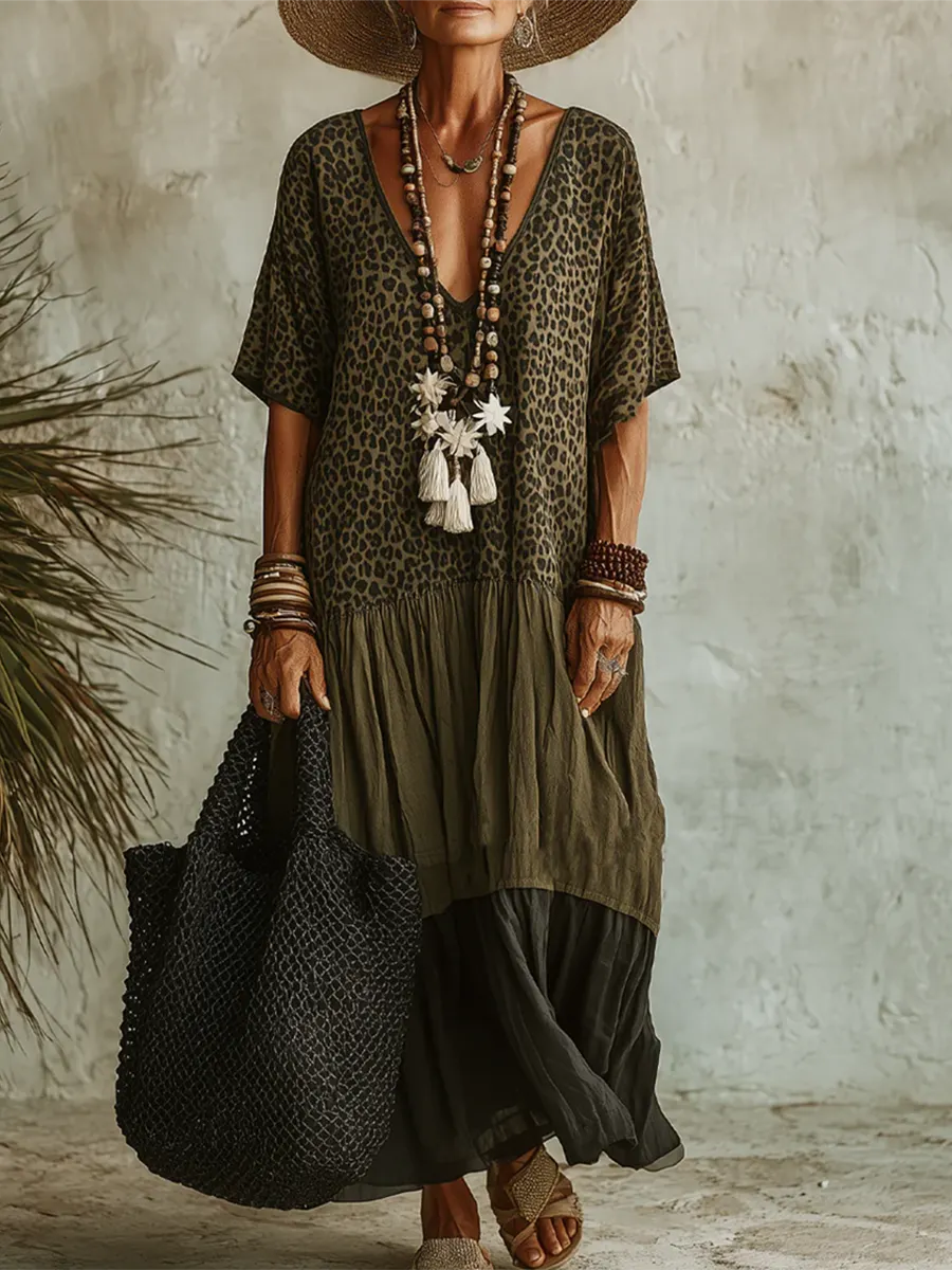 Vestido Casual em Chiffon e Algodão com Recortes e Estampado de Onça
