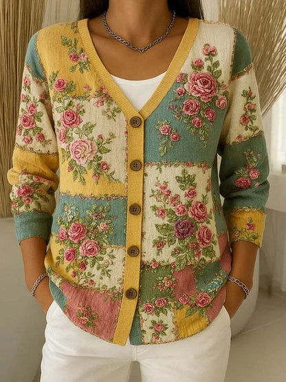 Cardigan de mulher em algodão com decote em V e estampado floral