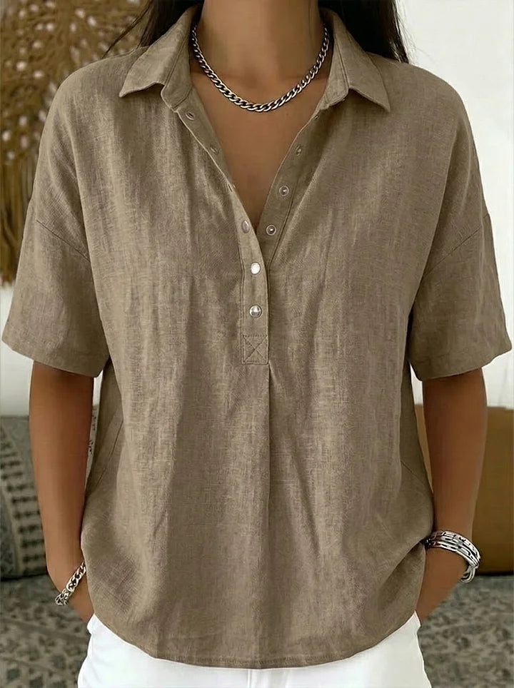 Camisa casual de manga curta em mistura de linho e algodão.