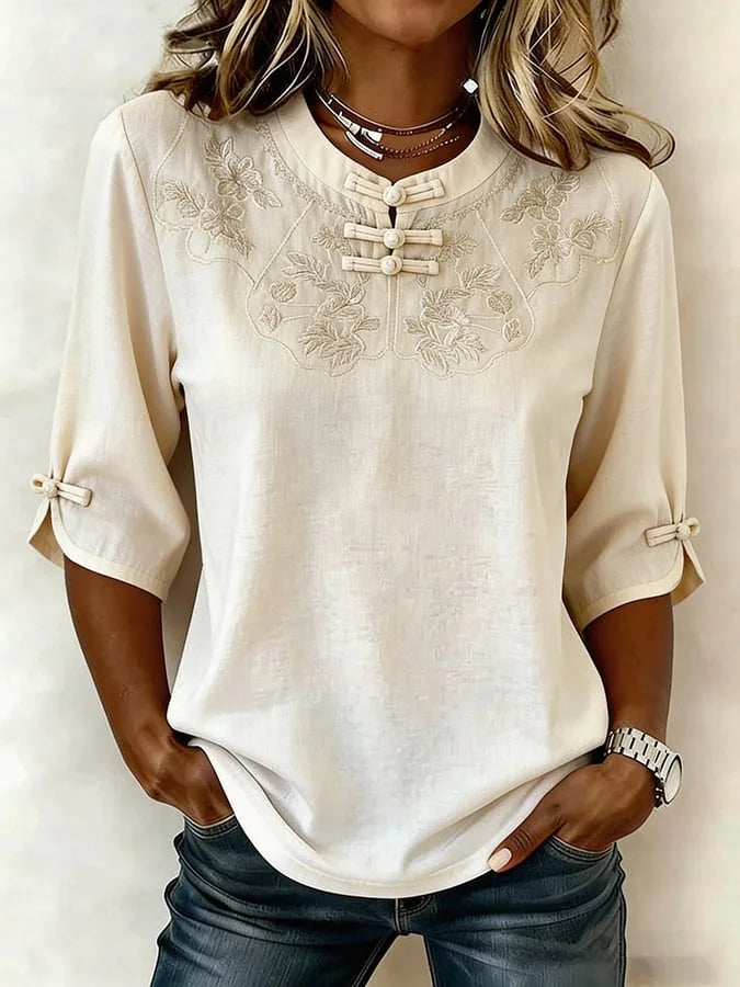Blusa de menina em algodão e linho com estampado floral