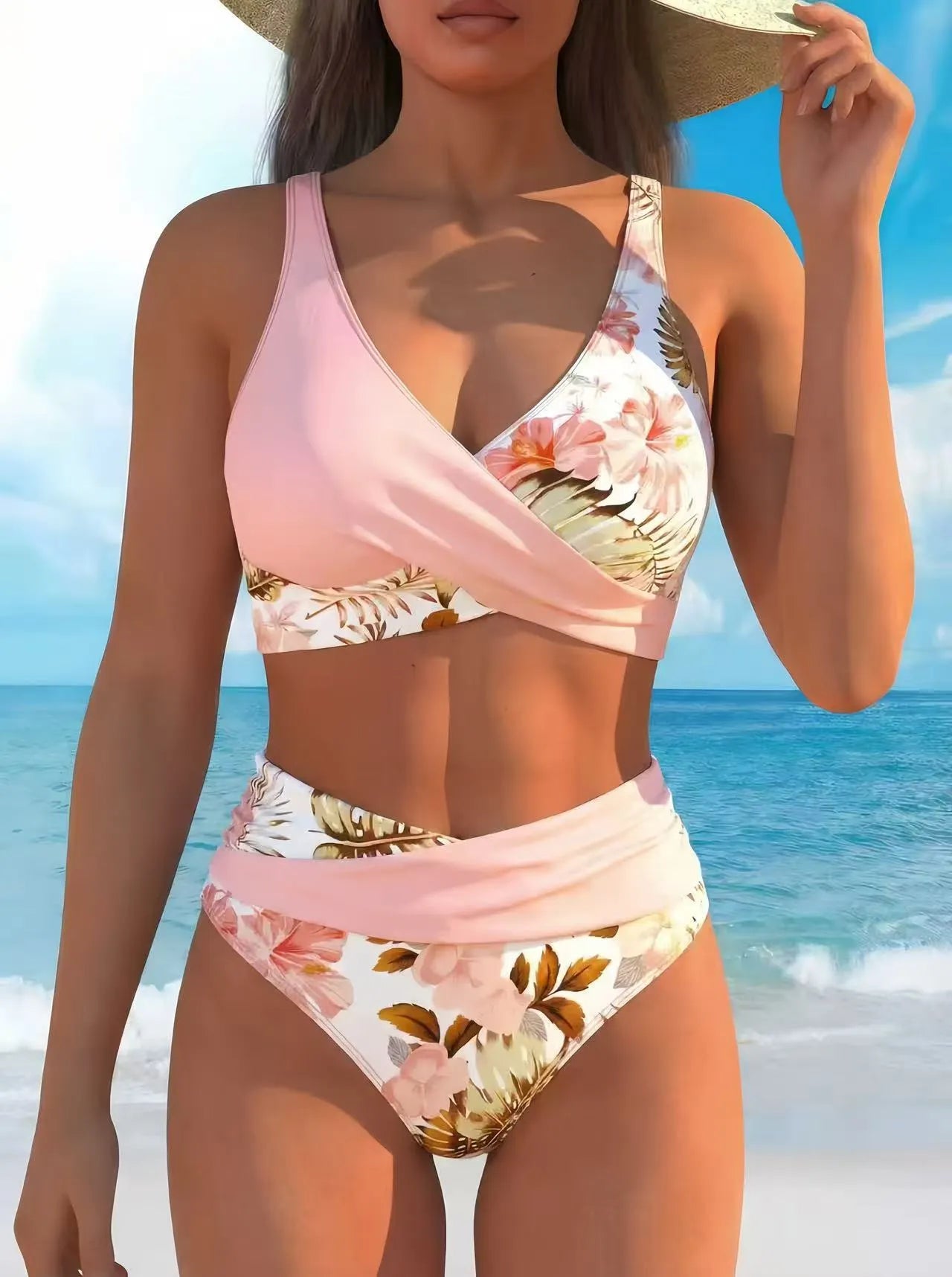 Conjunto de biquíni de cintura alta para mulher com estampado floral