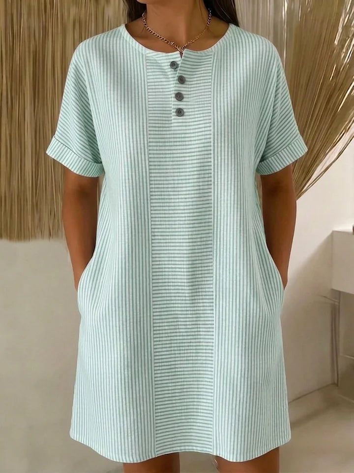 Vestido elegante em algodão e linho com gola bordada