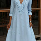 Vestido vintage com decote em V e folhos, bordado com flores