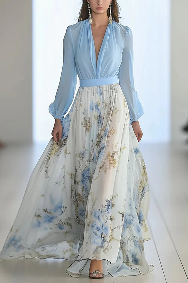 Elegante vestido comprido com estampado floral, decote em V e mangas compridas