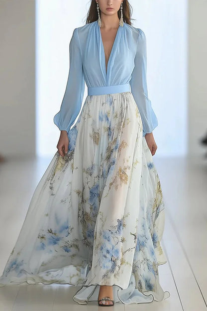 Elegante vestido comprido com estampado floral, decote em V e mangas compridas