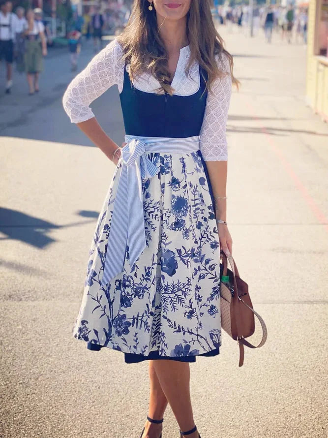 Vestido de renda floral de verão com decote em V para festa