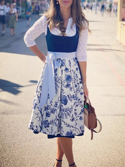 Vestido de renda floral de verão com decote em V para festa
