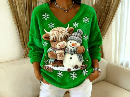 🔥Blusa de senhora com estampado animal e boneco de neve, decote em V