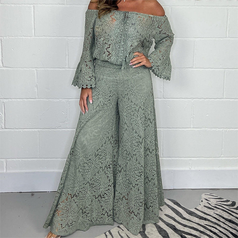 Conjunto de duas peças de blusa de renda + calças de perna larga para senhora