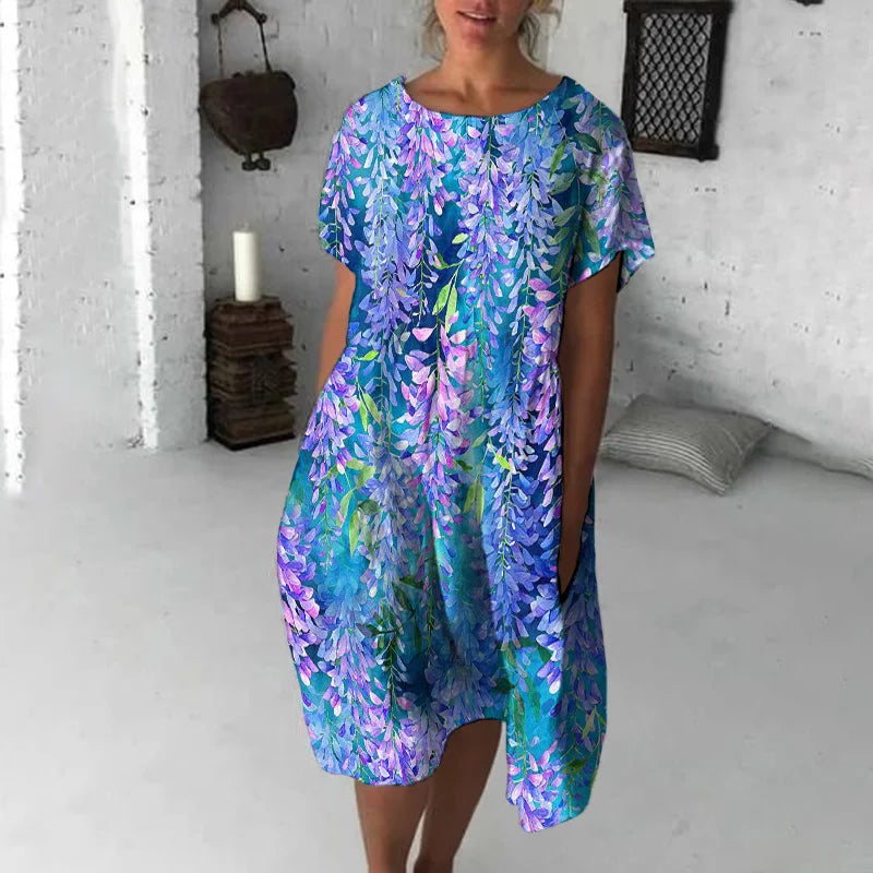 Vestido midi casual com estampa floral, gola redonda, manga curta