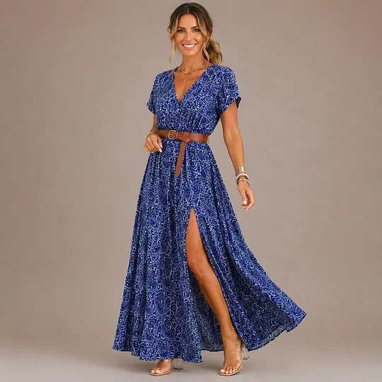 Vestido comprido de menina estilo boho com decote em V