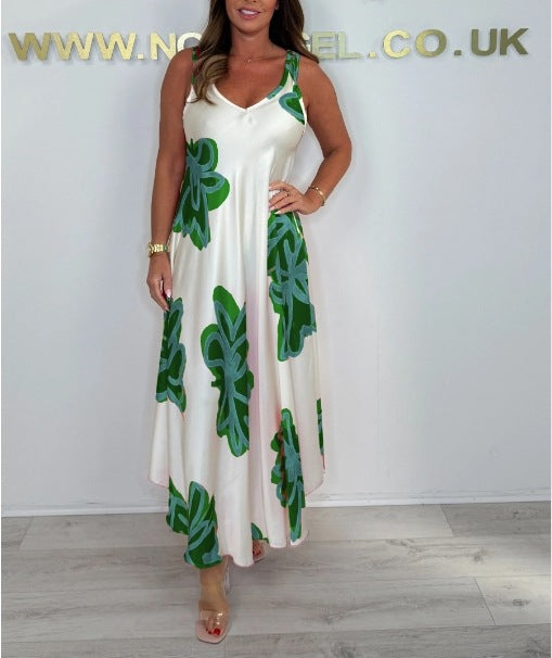 🌸Vestido comprido estampado feminino com decote em V e ombros de fora