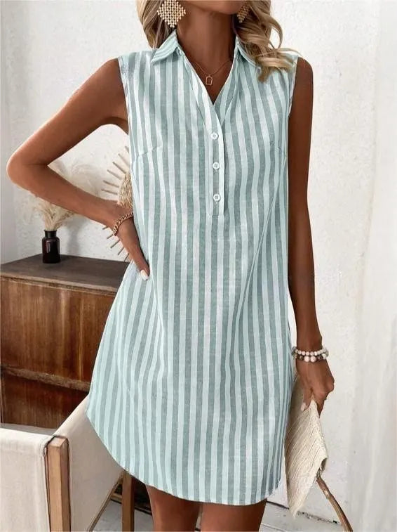 Vestido-camisa às riscas para mulher sem mangas com decote em V