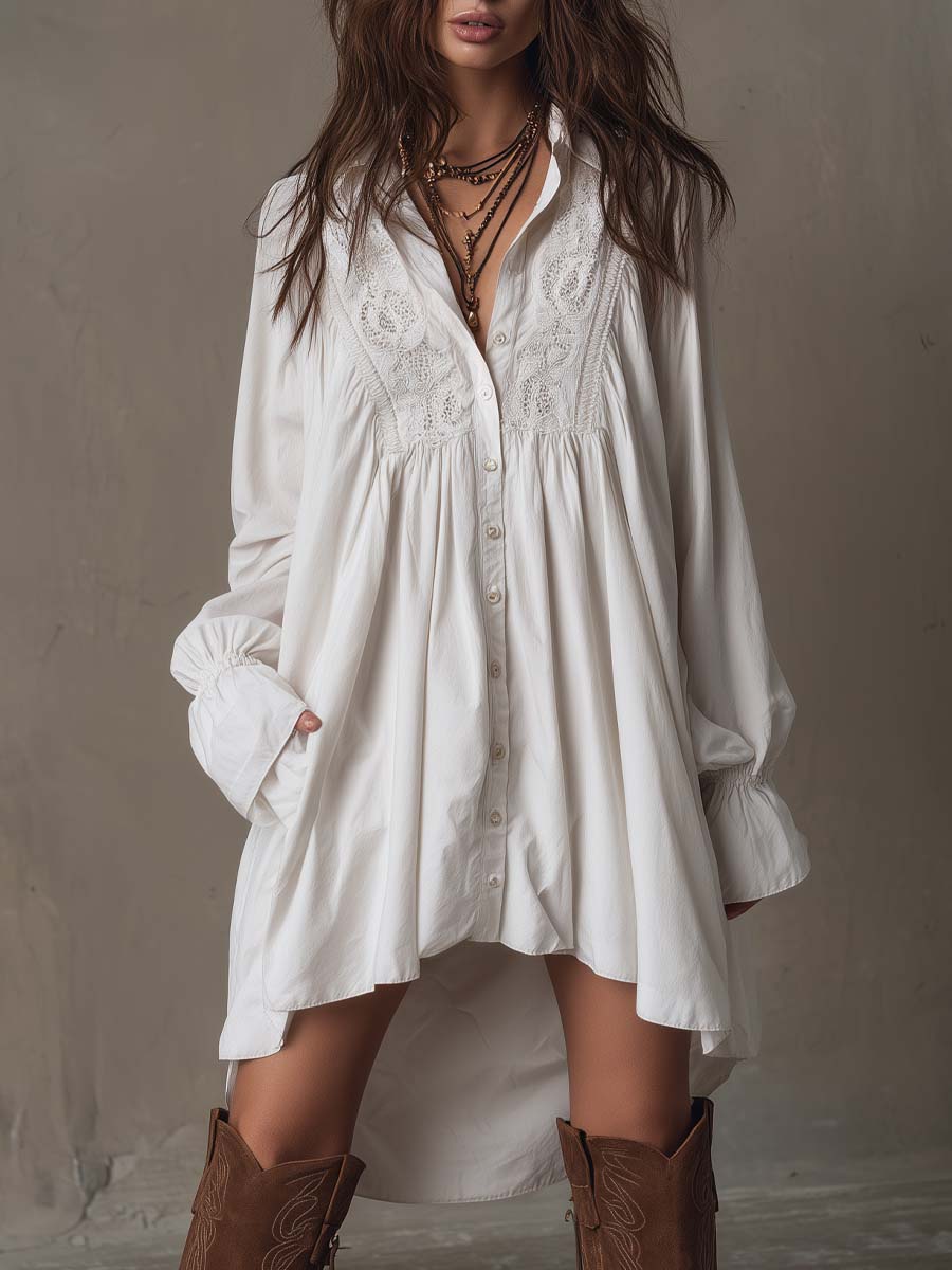 Vestido de manga comprida com bainha irregular em renda estilo retro