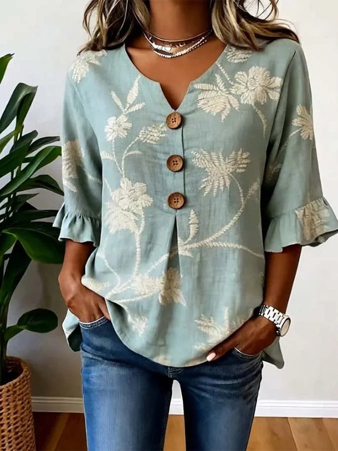 Blusa casual para mulher com estampado floral e mangas abalonadas