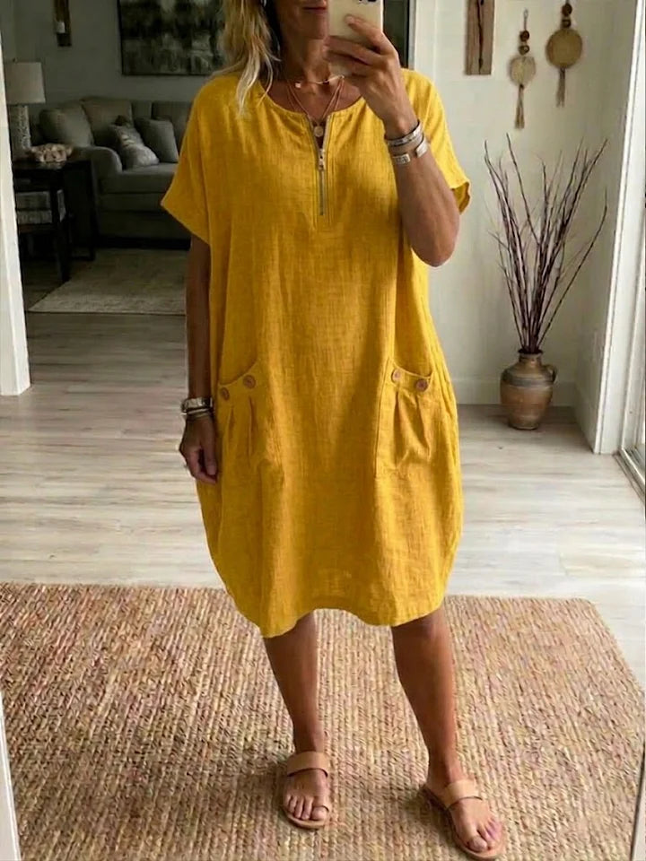Vestido casual largo em linho e algodão com meio fecho