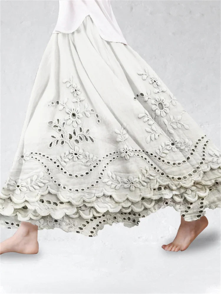 Saia de mistura de linho com renda bordada floral