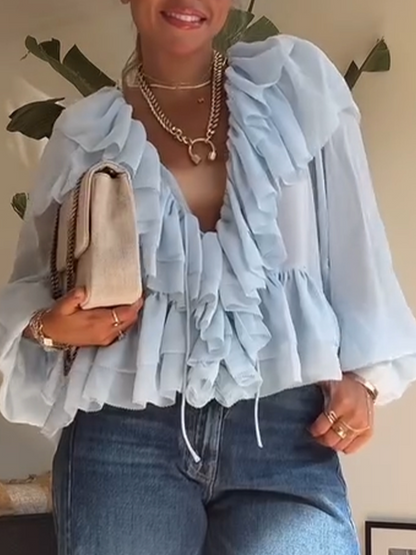 Blusa casual para mulher com decote em V e várias camadas emendadas