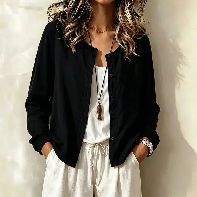 Camisa de senhora de algodão de cor única com botões