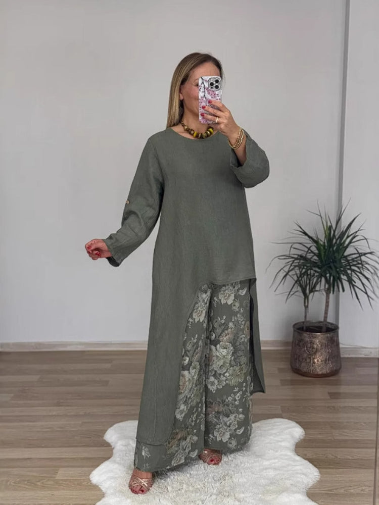 Fato casual de algodão e linho com blusa irregular e calças largas
