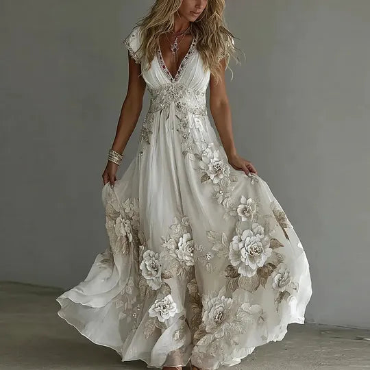 Elegante vestido de chiffon para mulher com renda bordada e decote em V profundo.