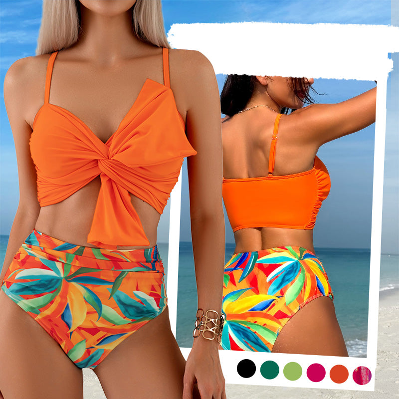 Conjunto de biquíni para menina com cintura alta e laço