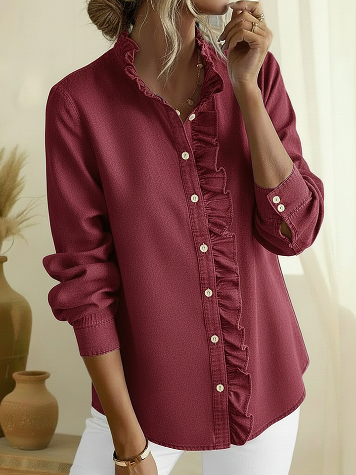 Camisa de ganga elegante com gola de renda