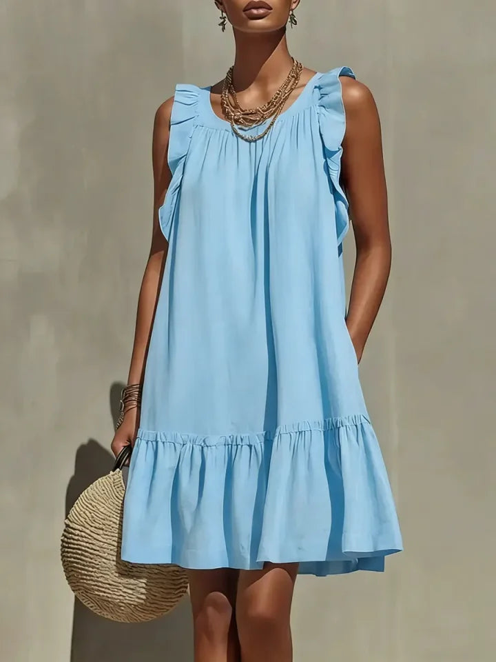 Vestido sem mangas com folhos em algodão e linho