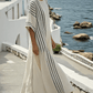 Vestido listrado de algodão e linho