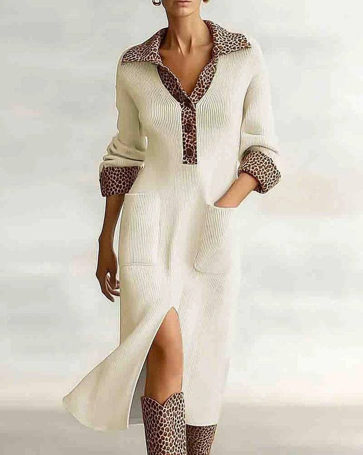 Vestido midi de malha canelada com patchwork de padrão leopardo