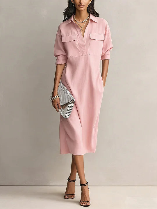Vestido casual em algodão e linho, de cor sólida, manga comprida e corte largo
