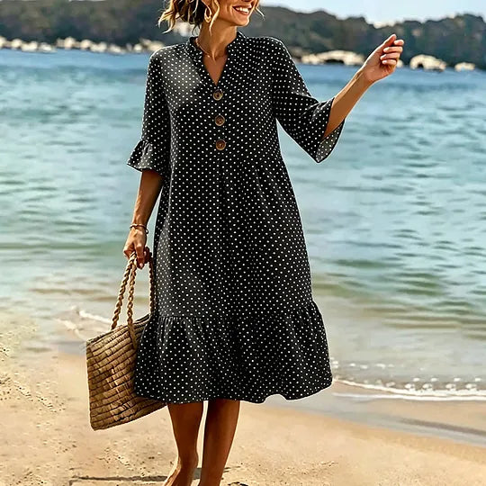 🔥Vestido de algodão para mulher com estampado de bolinhas e folhos nos punhos