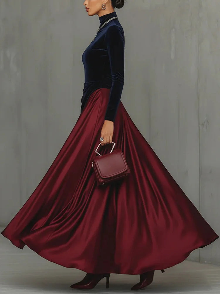 Vestido comprido com blocos de cor em veludo azul e cetim bordeaux
