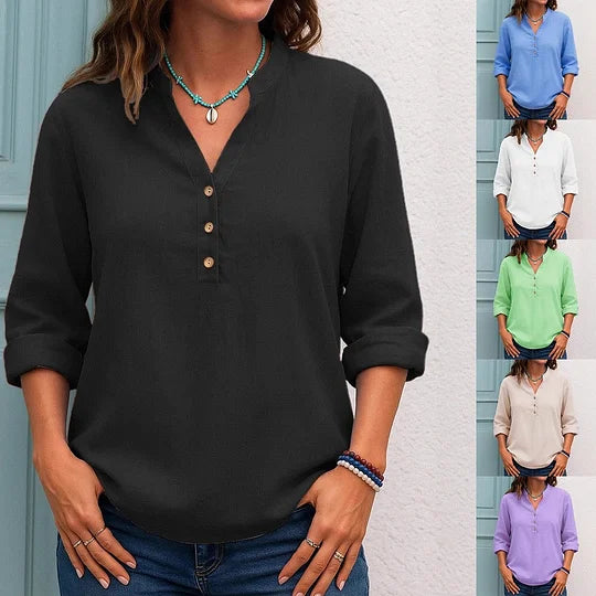 Blusa casual para mulher com decote em V e fecho de botões