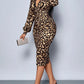 Vestido midi de renda com decote em V e padrão leopardo