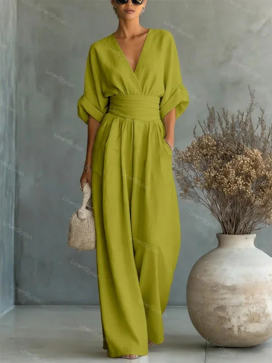 Macacão de moda com decote em V e cintura marcada