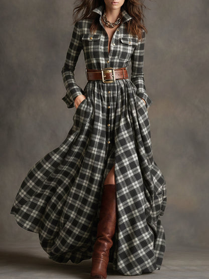 Vestido comprido xadrez castanho-avermelhado com gola estilo retro