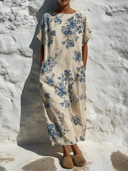 Vestido Maxi Vintage Menina em Algodão e Linho com Estampado Floral