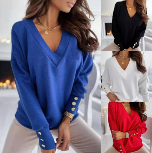 Blusa de mulher elegante com botões e decote em V
