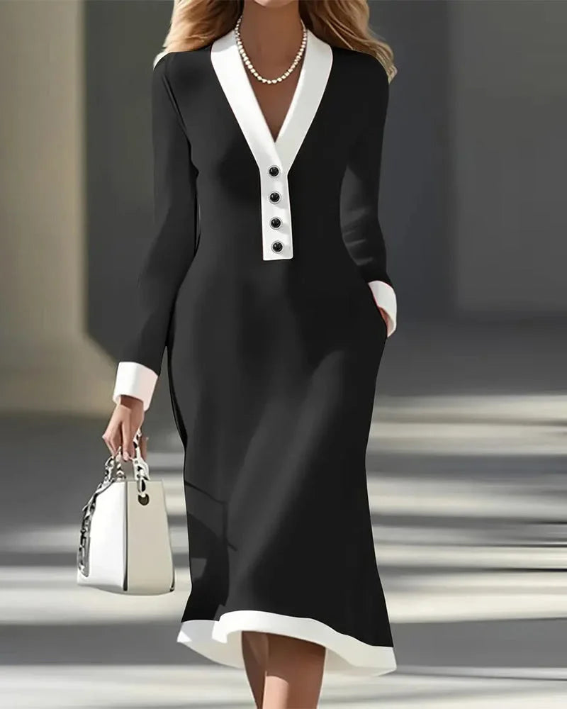 Vestido elegante de manga comprida em contraste