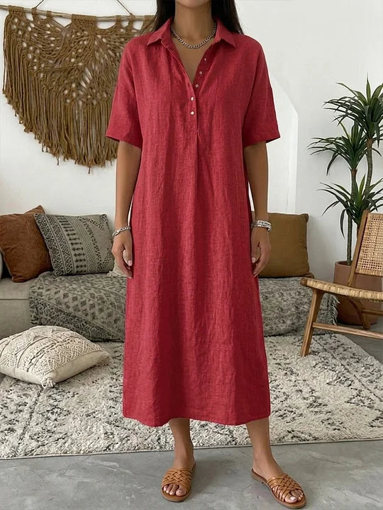 Vestido polo para mulher em algodão e linho – Manga curta casual para o verão