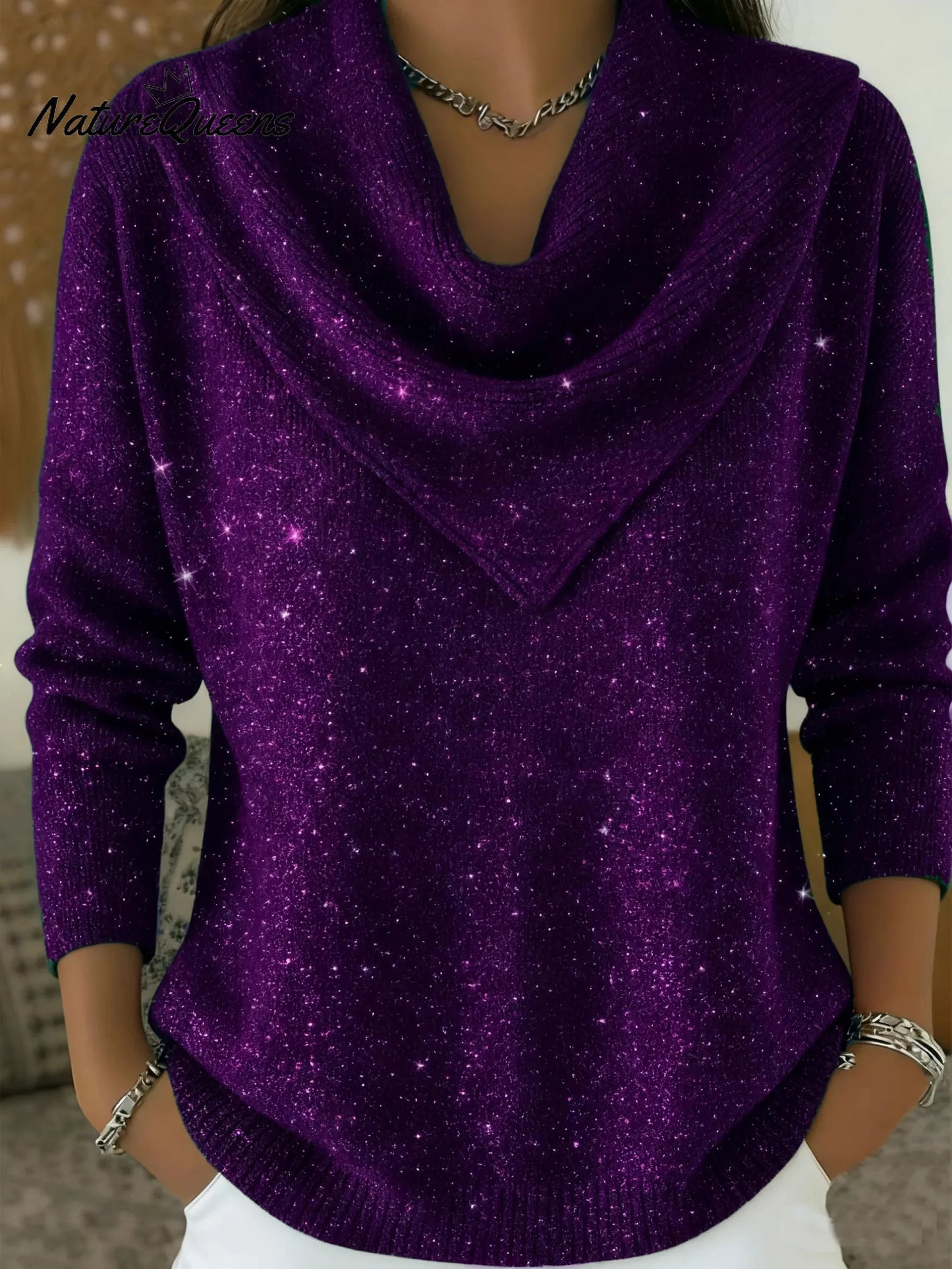Camisola com decote em V, macia, brilhante e com lantejoulas de inspiração vintage