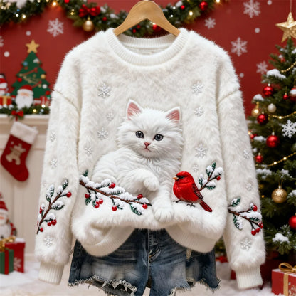 Camisola de flanela de Natal com estampa de gato e pássaro