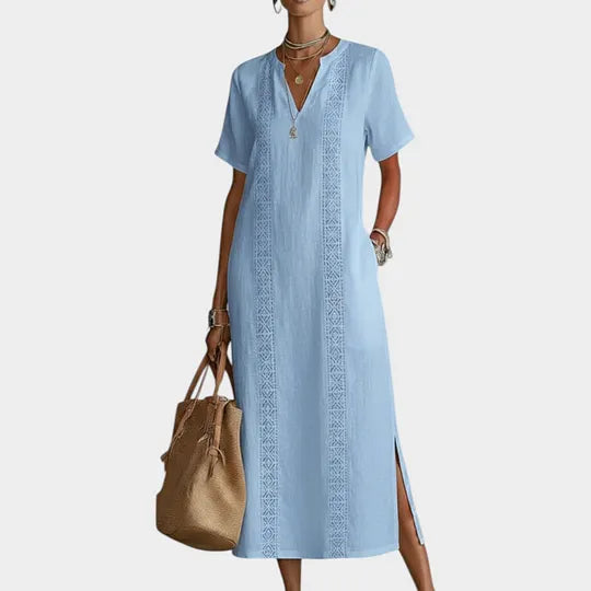 Vestido midi com decote em V e bordado