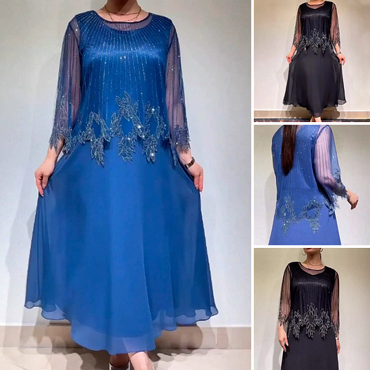 Um elegante vestido de cor sólida com uma sobreposição de tule brilhante