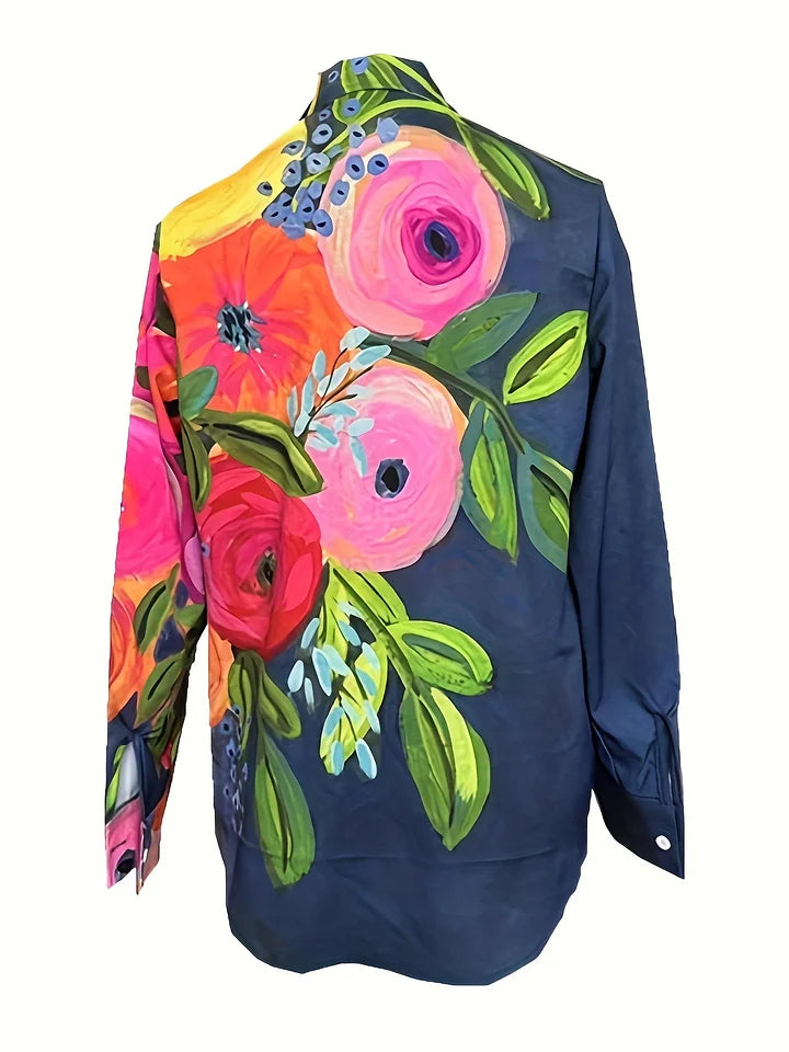 Camisa casual para mulher com estampado floral e lapela