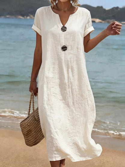 Vestido Casual de Mulher em Algodão e Linho em Cor Lisa