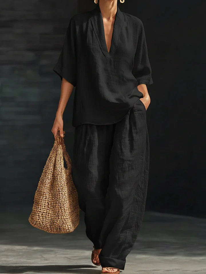 Conjunto de senhora em linho de duas peças, casual e confortável.