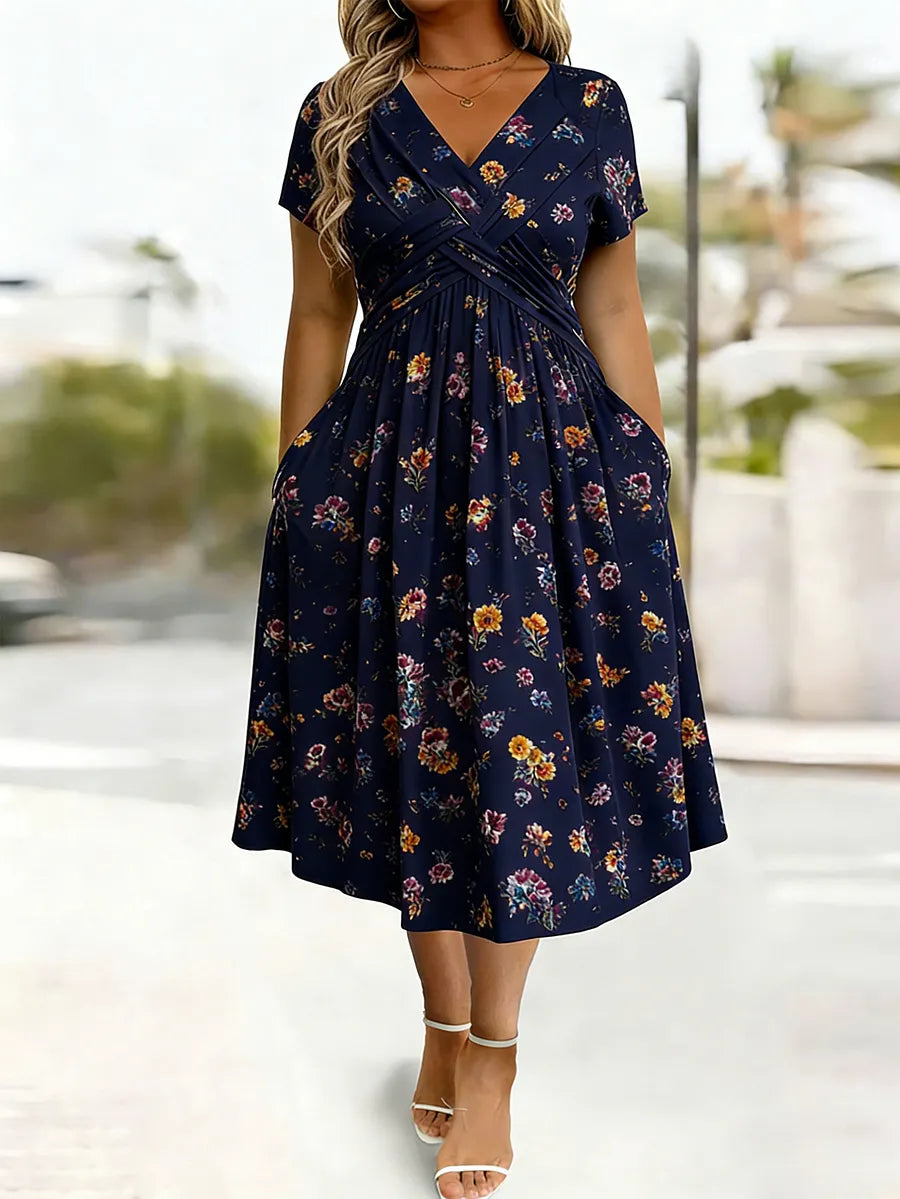Vestido floral para mulher com decote em V e cintura