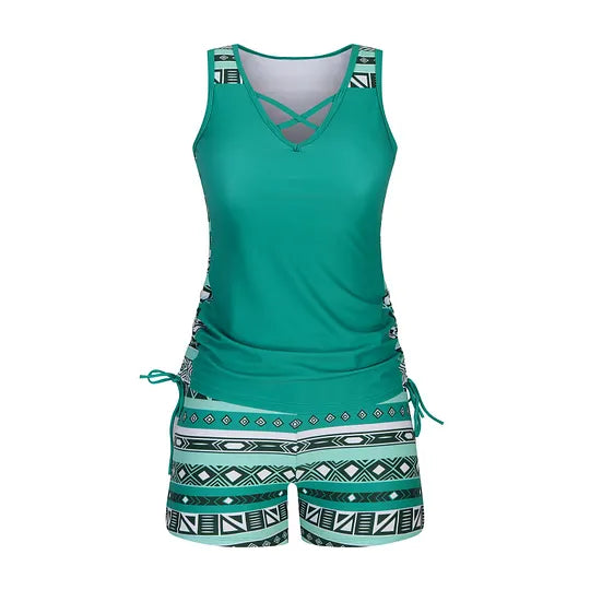 ⏰ Conjunto de Biquíni Feminino com Controlo do Abdómen (com Bojo Integrado) — Moda Praia Estilo Boho com Efeito Adelgaçante (com Calções) 🔥